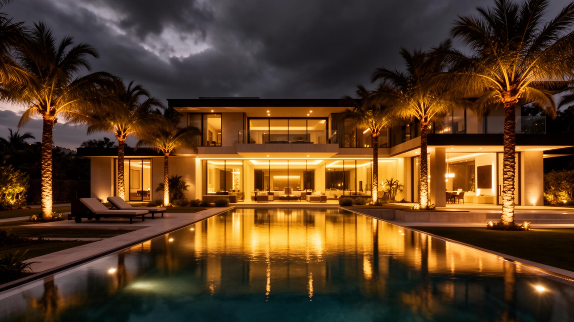 Luxury villa at twilight with infinity pool